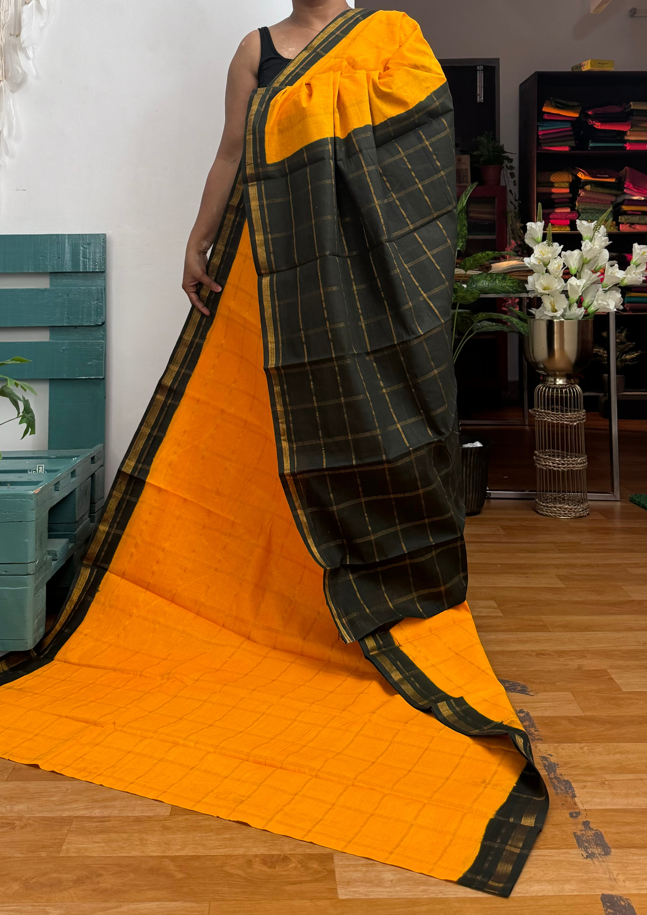 Yellow and Black Big Checked Sungudi Cotton Saree