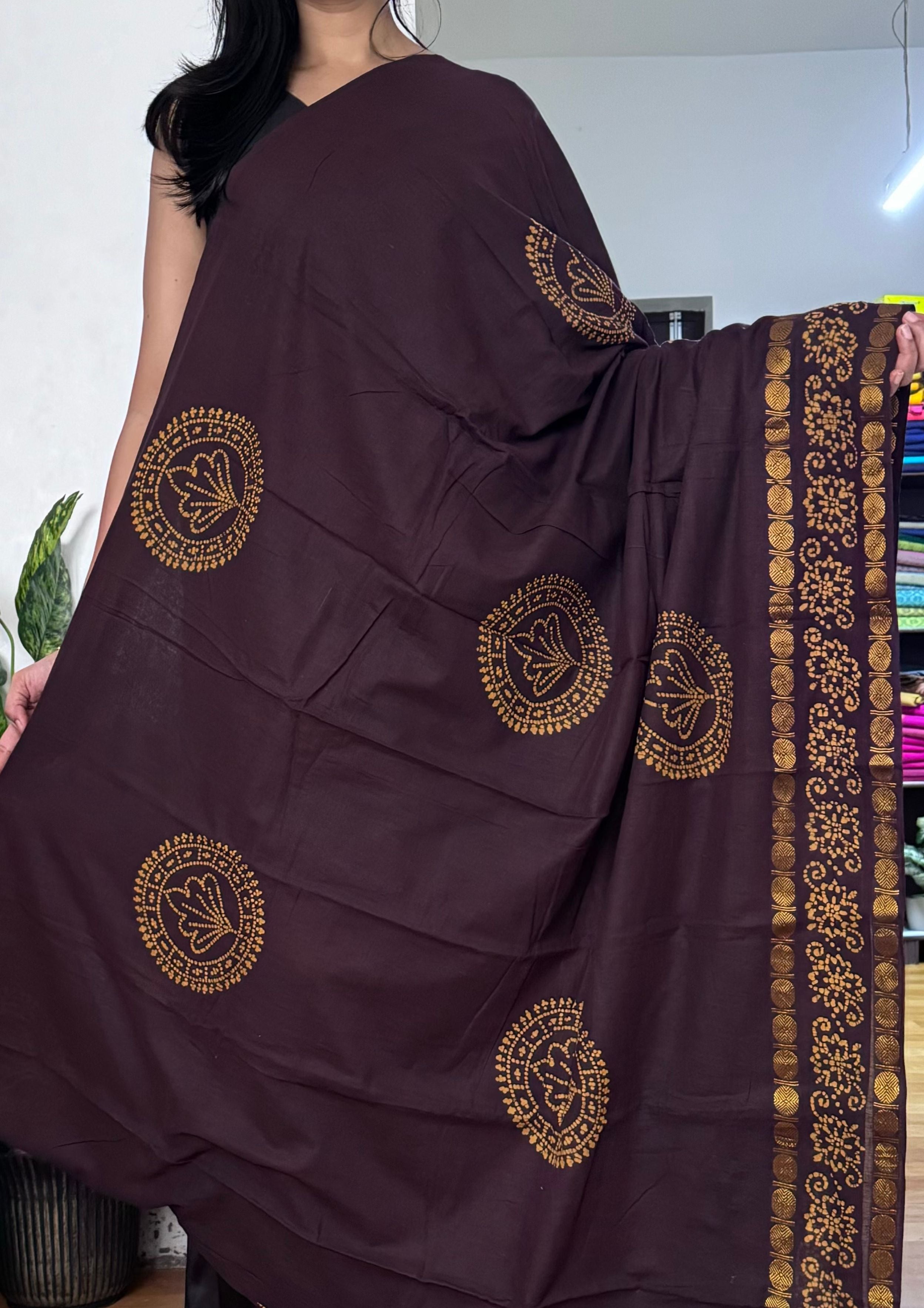 Chocolate Brown and Yellow Sungudi Cotton Saree