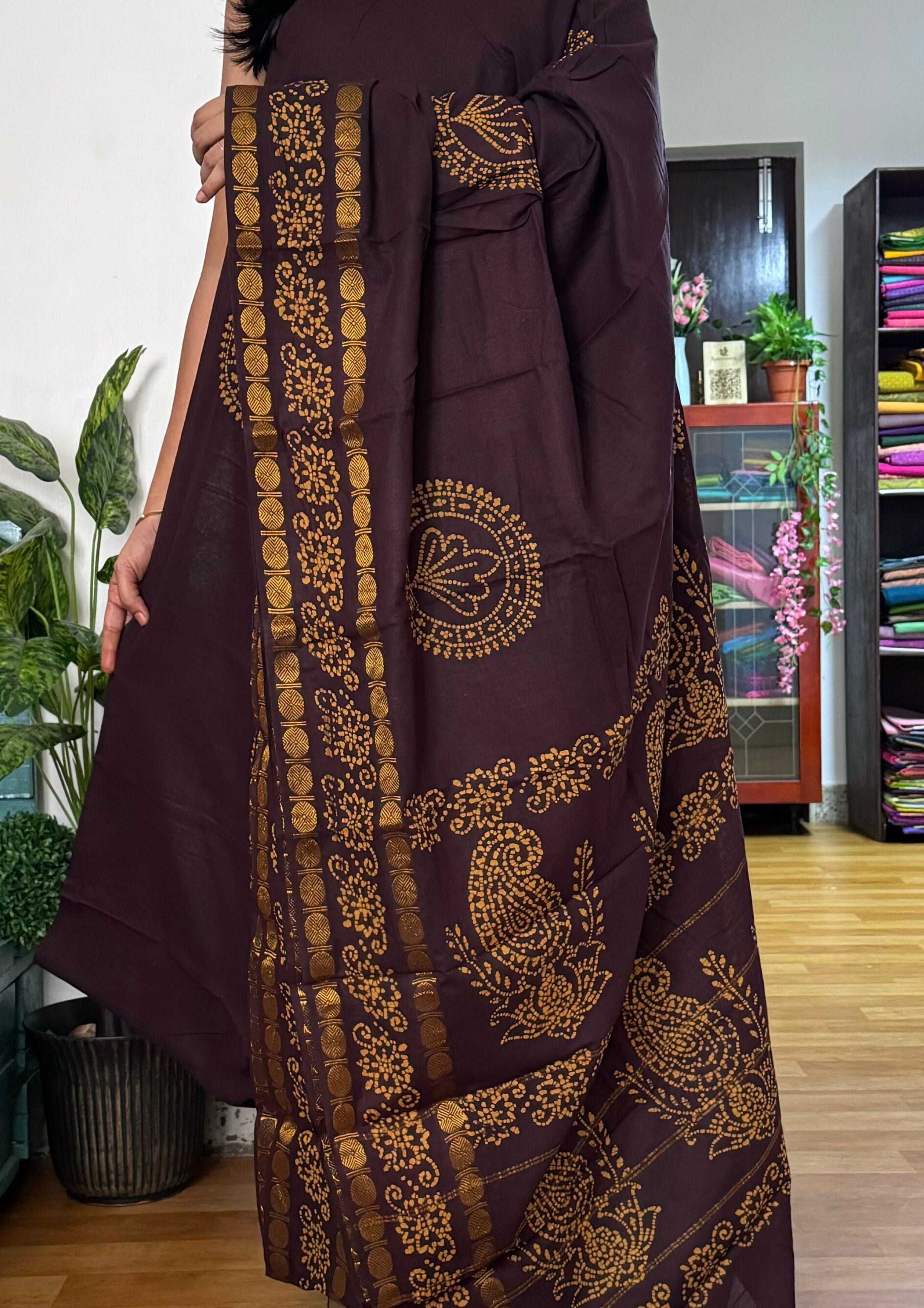 Chocolate Brown and Yellow Sungudi Cotton Saree