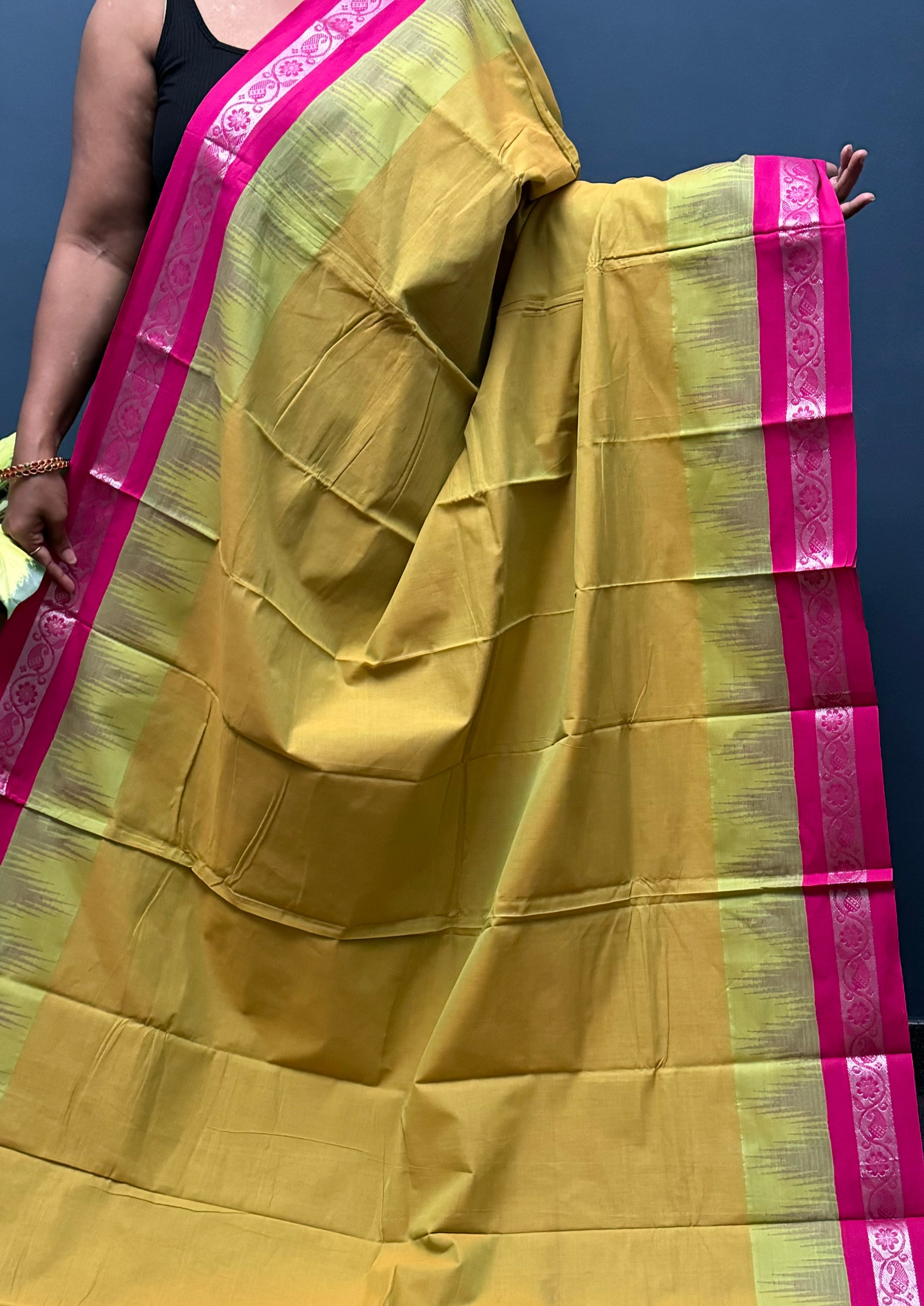 Yellow and Pink Thazhampoo Korvai Chettinadu Cotton Saree